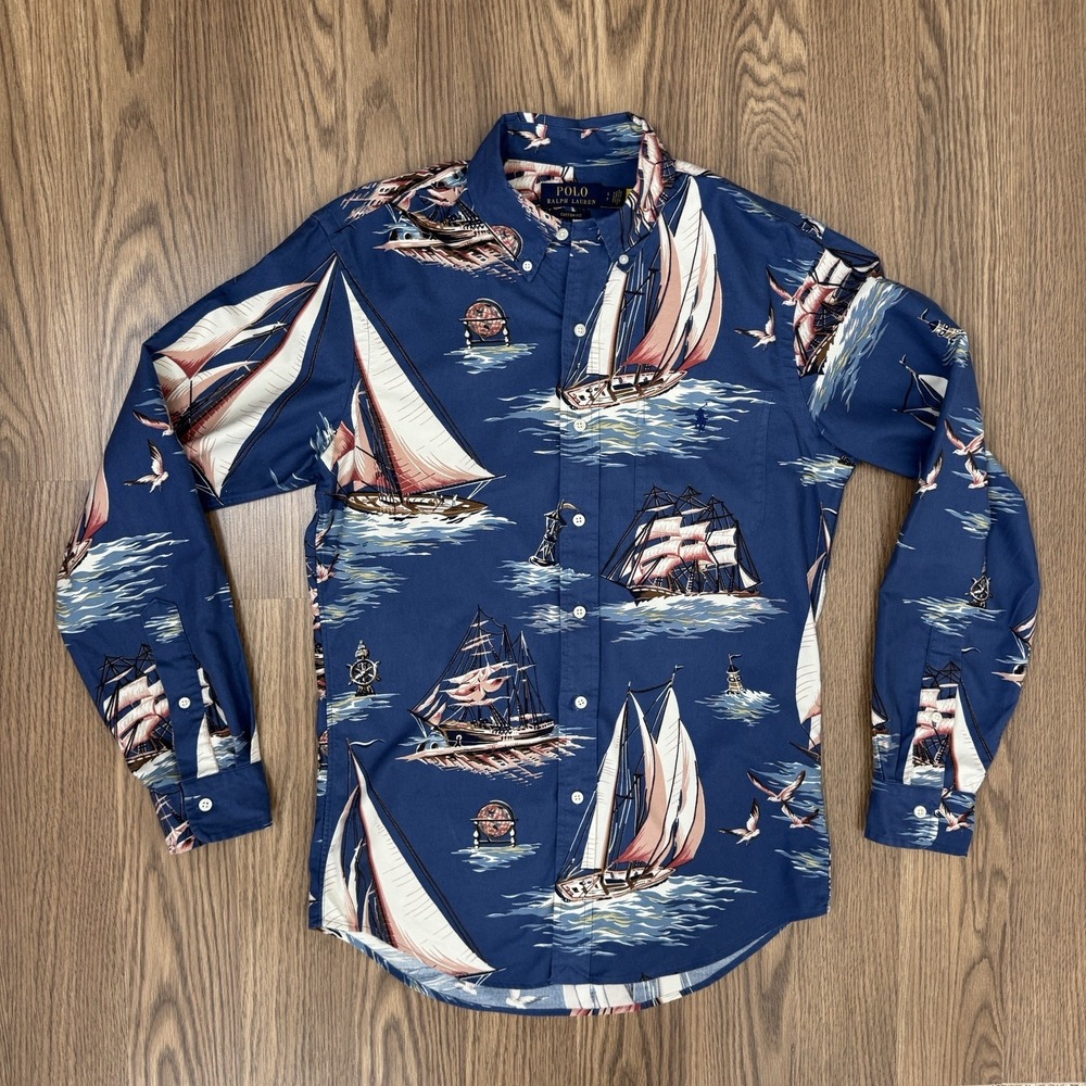 Polo Ralph Lauren Shirt Mens S Blue Sailing All Over Print‎ Button Down Oxford - Picture 2 of 16